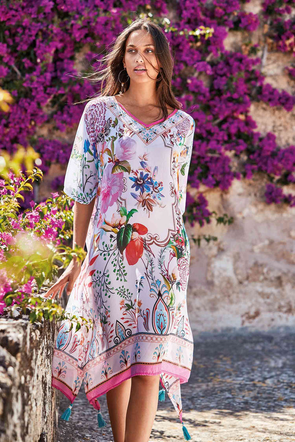 Langer Poncho mit Blumenmuster